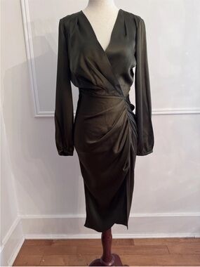 NWT Amanda Uprichard Roma Silk Dress Olive Green Cocktail Midi Slit Sz XS
